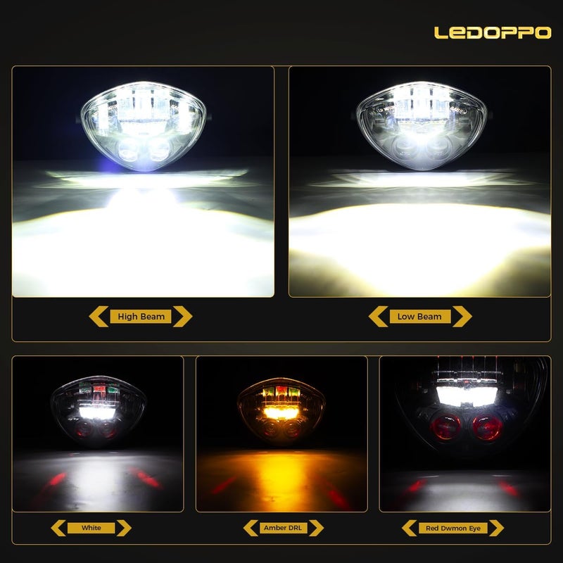 LEDOPPO 7-Inch LED Motorcycle Headlight Assembly with Clamp Mount Brackets Fits 27-57mm O.D. Forks for Cafe Racer/Chopper/Bobber/Scrambler, Features Turn Signal/DRL, Demon Eye, Hi-Low Beam - Image 3